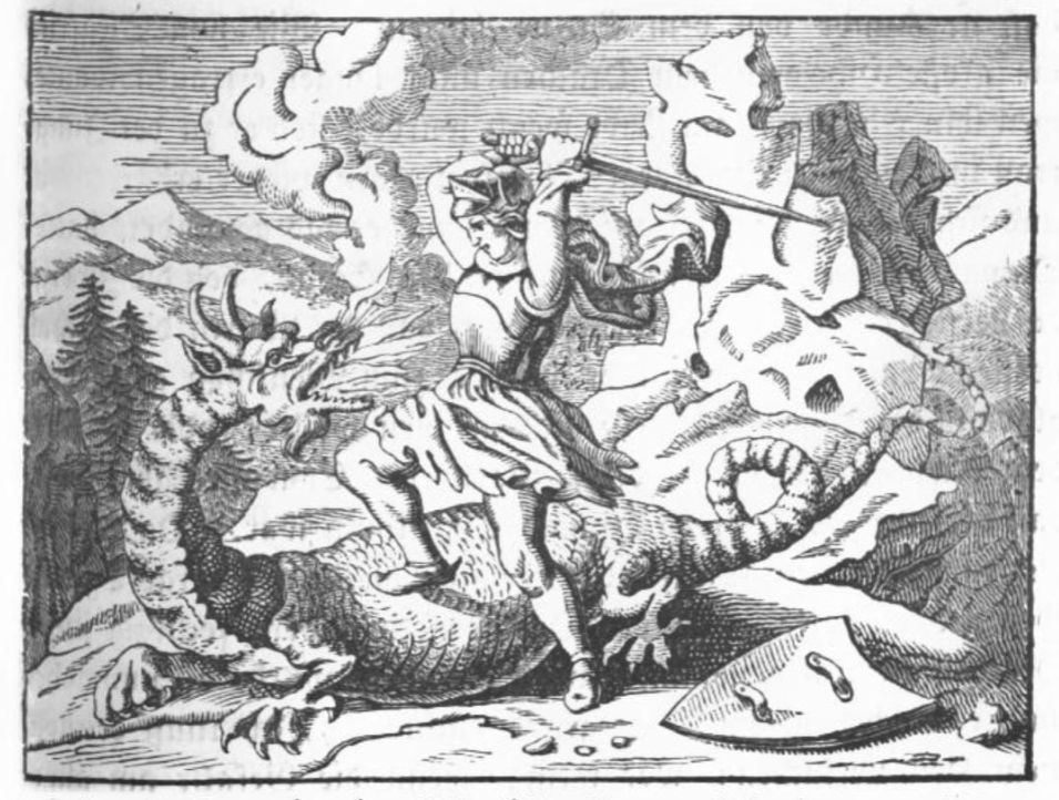出自其他版本的版画：齐格弗里德屠龙 From:Volksbücher, by Gotthard Oswald Marbach, 1810-1890